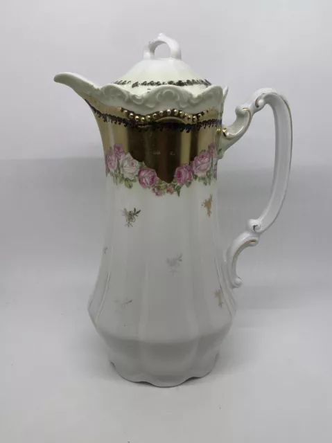 Antique Vintage Tea Pot Floral “Roses” Gold Paint Porcelain Unmarked  9.5” Tall