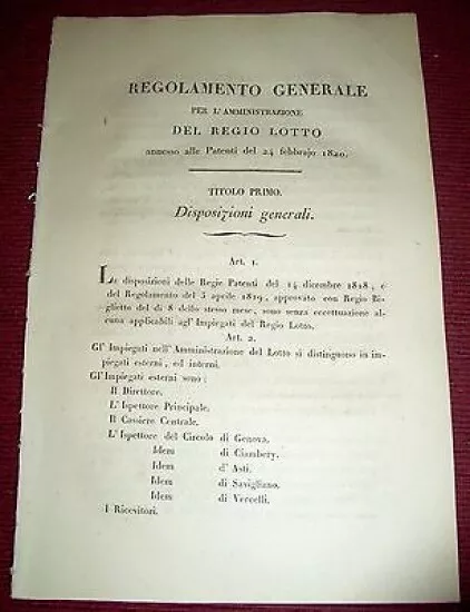 Regno Sardegna Savoia Torino Regolamento Amministratori Ricevitori Lotto 1820