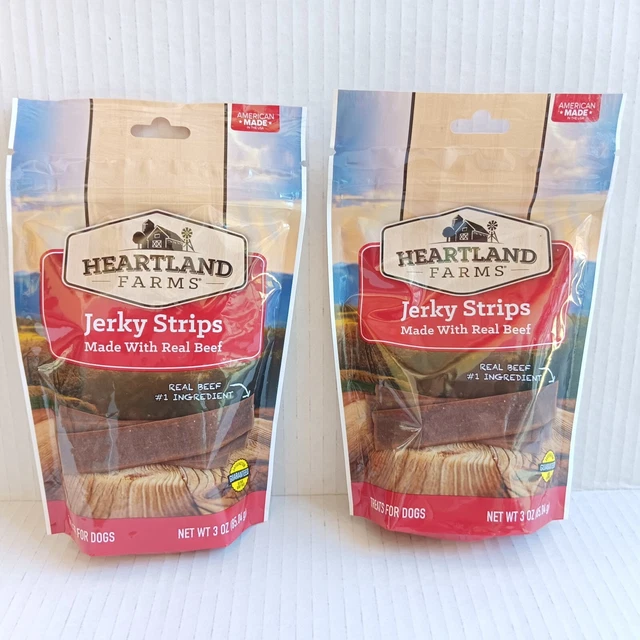 HEARTLAND FARMS JERKY Beef Strips Dog Treats 2 3 oz Resealable Bags 9
