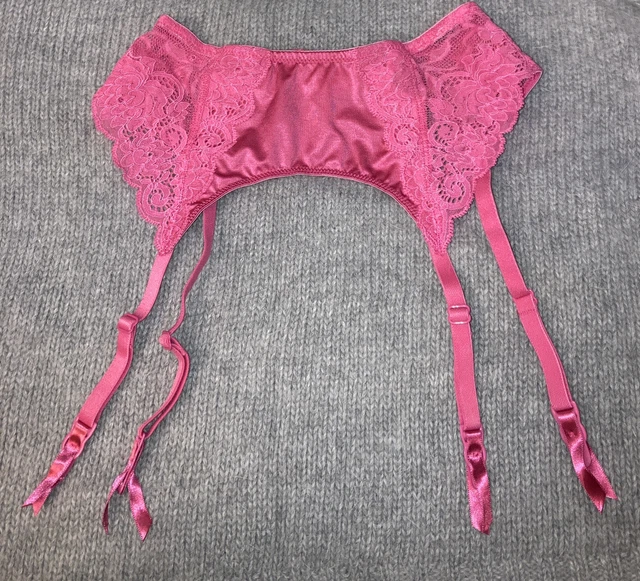 Vintage Victoria's Secret Satin Garter Belt Pink Second Skin Shiny Mesh Lace S .