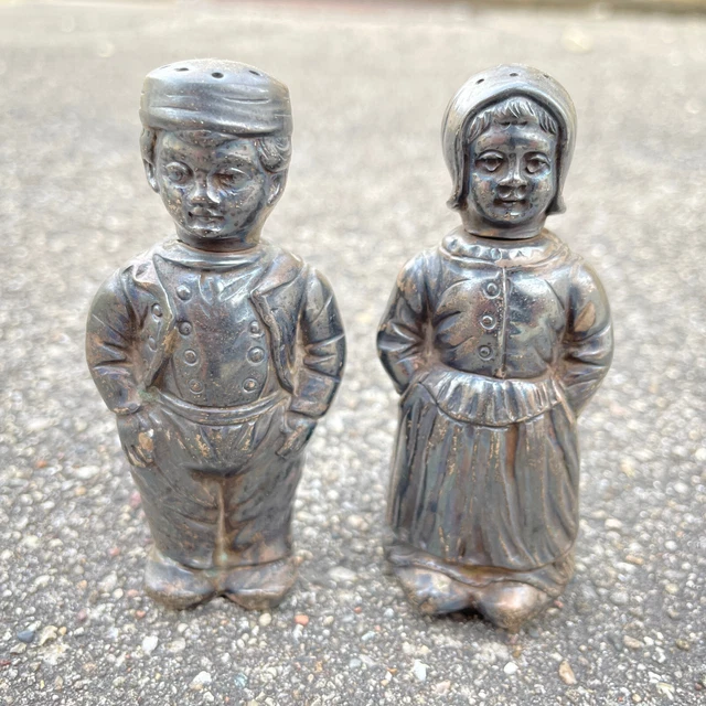 .925 Sterling Silver Pair Of Salt & Pepper Shakers Boy & Girl Heads Fill 99 g.
