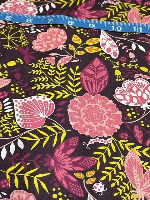 New Burgundy & Mustard Modern Floral Print Cotton Fabric - FQ Or Continuous Cut