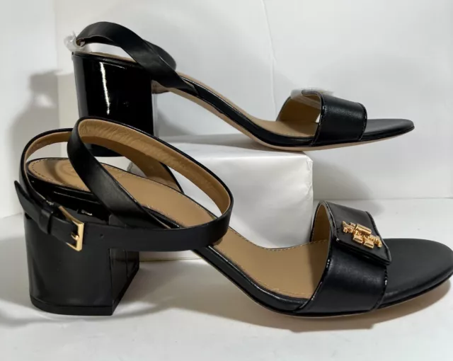 Tory Burch Kira 8.5 M Black Block Heel Sandal Leather Gold Logo Ankle Buckle