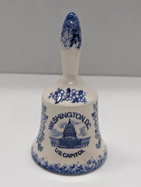 Vintage Porcelain Souvenir Bell Washington D.C. U.S. Capitol Blue White Japan 5"