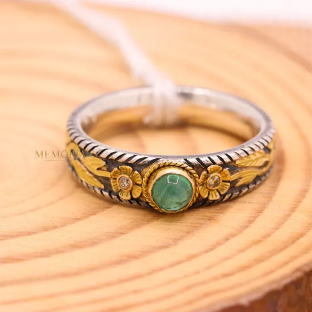 Vintage Natural Emerald & Diamond Ring 925 Sterling Silver &18k Yellow Gold Band