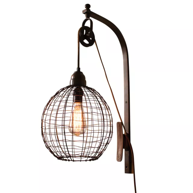 Unique Industrial Wall Sconce Rustic Wire Sphere Shade Adjustable Pulley Lamp