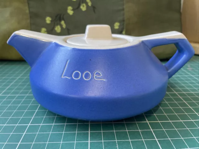 Vintage Devonmoor Blue Ware Pottery Teapot. Souvenir Of Looe Cornwall C.1950s