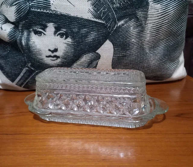 Anchor Hocking "Wexford" Diamond Pattern Covered Dome Pressed Glass Butter Dish