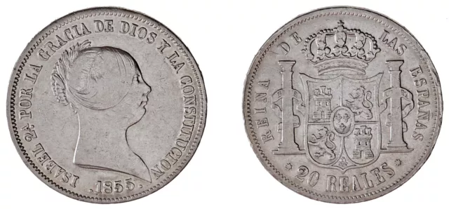 20 Silver Reales / Plata. Isabella Ii - Isabel Ii. Sevilla, 1855. Xf- / Ebc-.