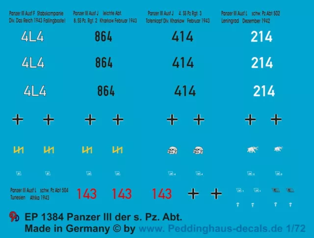 Peddinghaus-Decals 1/72 1384 Panzer III  der schweren Pz Abt. des Heeres und der