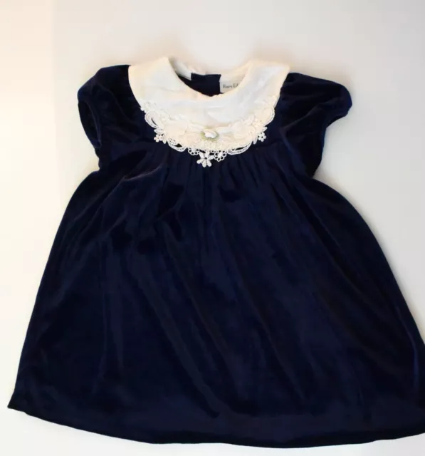Holiday Midnight Blue Velvet A-Line Dress Shift Embellished Collar Flower Size 4