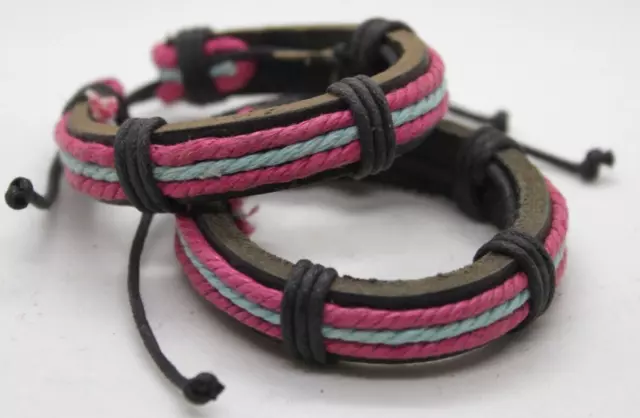 Mochicakult Pink light Blue cord on Brown Leather Bracelet Wristband