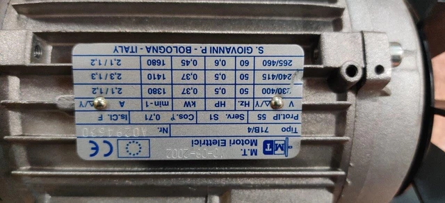 MT Motori Elettrici 71B4 50Hz 0.37kw 0.5Hp 1380Rpm 1.2A 2.1A IP55 230V 400V