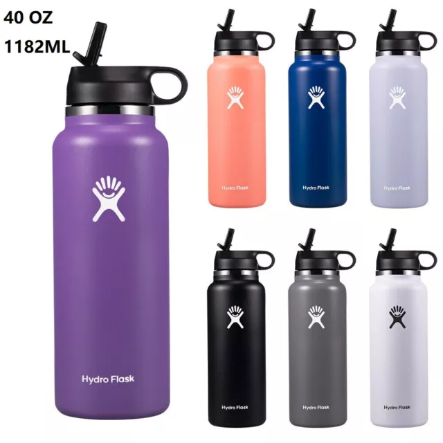 40OZ Hydro Flask Water Bottle Wide Mouth Straw Lid Stainless Steel Vacuum US