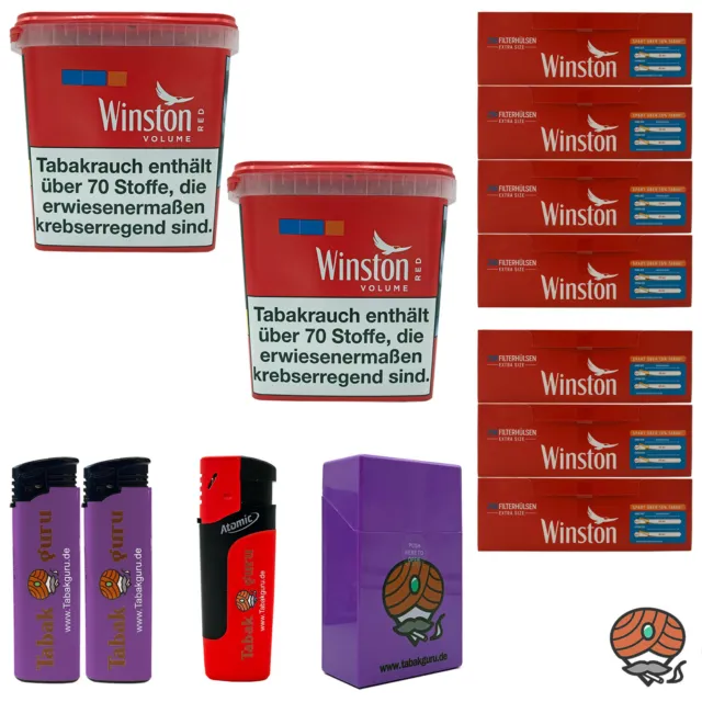 2x Winston Red/Rot Volumentabak Giant Box 205g, 1750 Extra Hülsen, Zigarettenbox