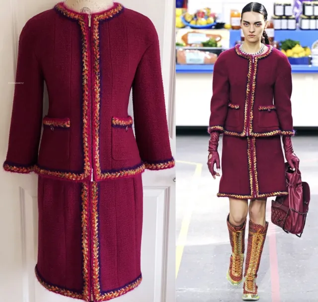 Chanel 14A Raspberry Supermarket Boucle Tweed Trim Cc Jacket Skirt Suit Set 38
