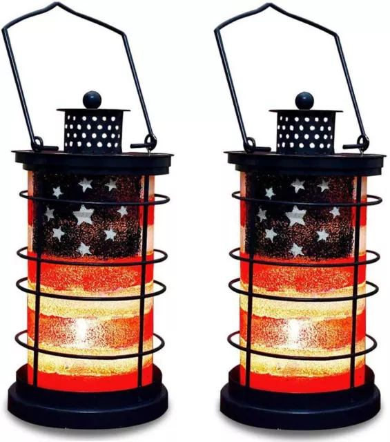 Rustic Metal American Flag Decorative Candle Lantern Hanging Patriotic Decor