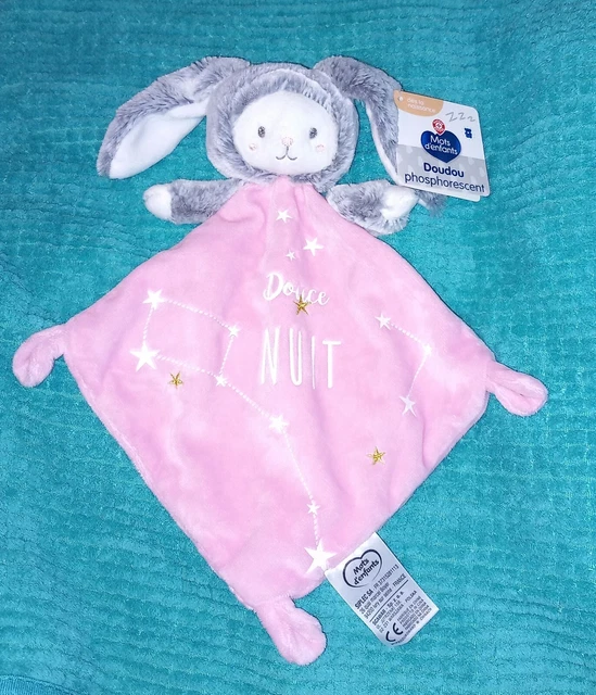 Doudou Plat MOTS D'ENFANTS Ours déguisé en Lapin Rose Blanc Gris Douce Nuit NEUF