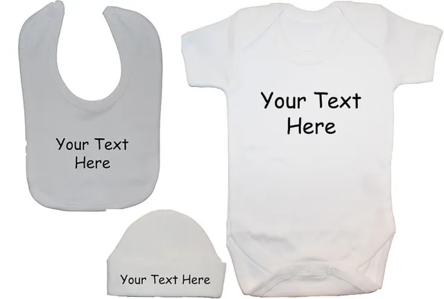 Baby Bodysuit Personalised Romper T-Shirt, Feeding Bib & Hat Cap Newborn-12m
