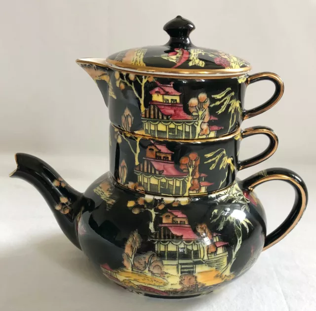 A Vintage Royal Winton Pekin Black Willow Chintz, Mini Teapot Stacking Set