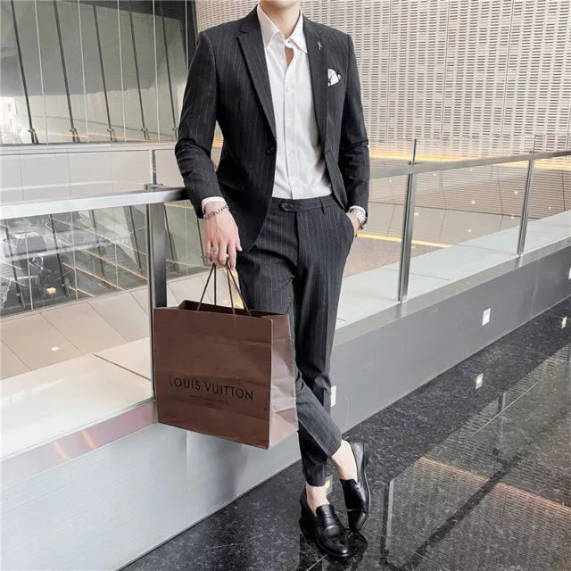 Wedding Striped Suit Men Casual 2 Piece Groom Dress Business Formal Blazer+Pants