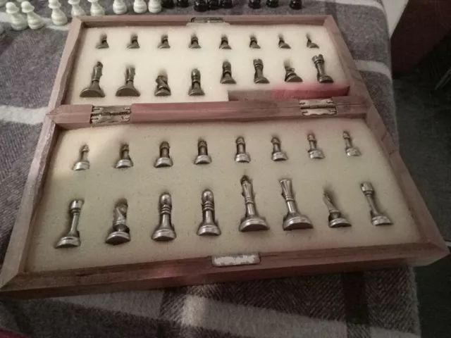 chess set Metal  and board Wood Folding vintage Lots Of Extras