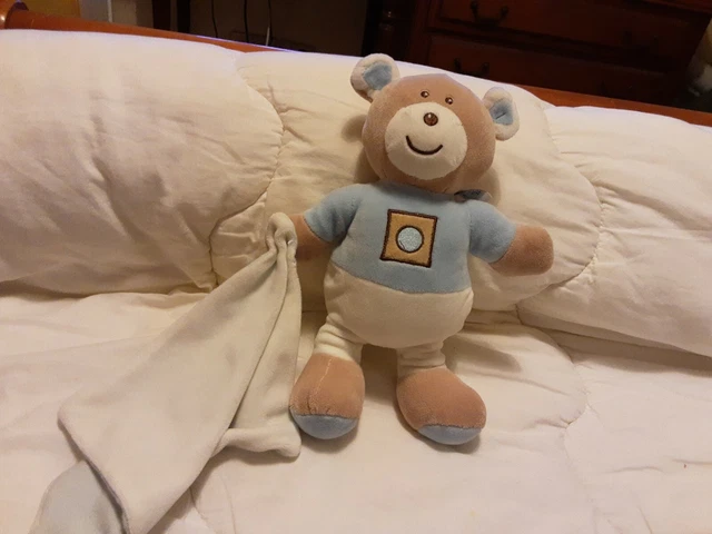 Doudou Peluche Ours Marron Bleu Mouchoir Blanc Bleu AJENA 28cm