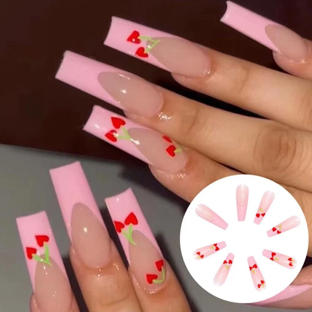 Cover Press on Nails Wearable Square Head Long French Fake Nails Heart Cherry