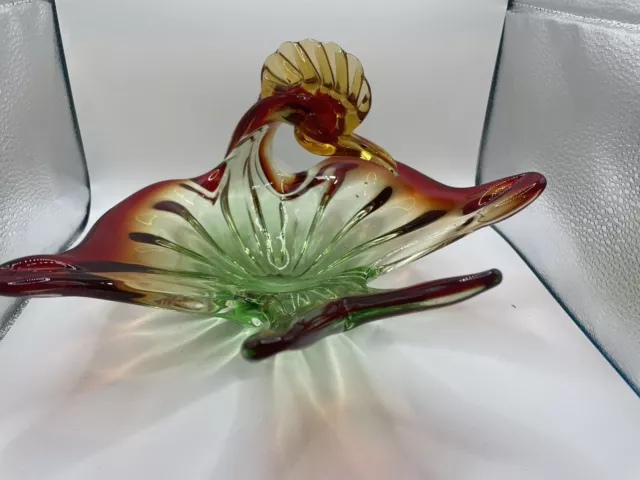 Vintage Murano Hand Blown Glass Green Swan Bowl, Centerpiece, 5.5"x9x"x9"