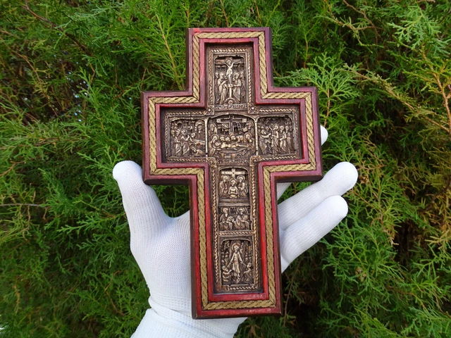 Old Orthodox Woden Wall Cross with biblical scenes
