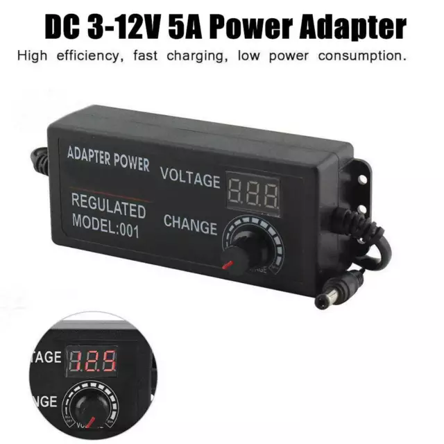 3-12V 5A 60W Voltage Variable Adjustable AC/DC Power LCD Display  Supply Adapter 3