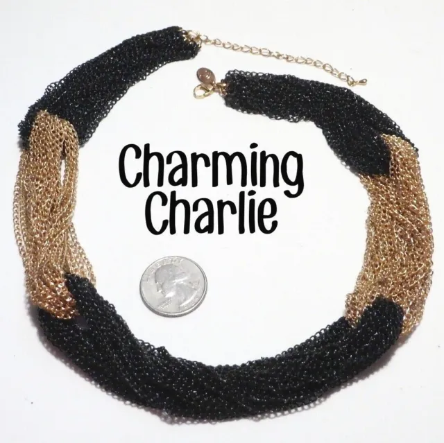 Signed CHARMING CHARLIE Thick Black Gold Multi 40 Strand Loop Chain Necklace 22"