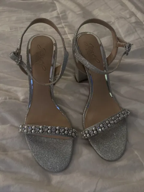 Silver Jewel Badgley Mischka  Ankle Strap Silver Glitter Block Heel Size 8 1/2