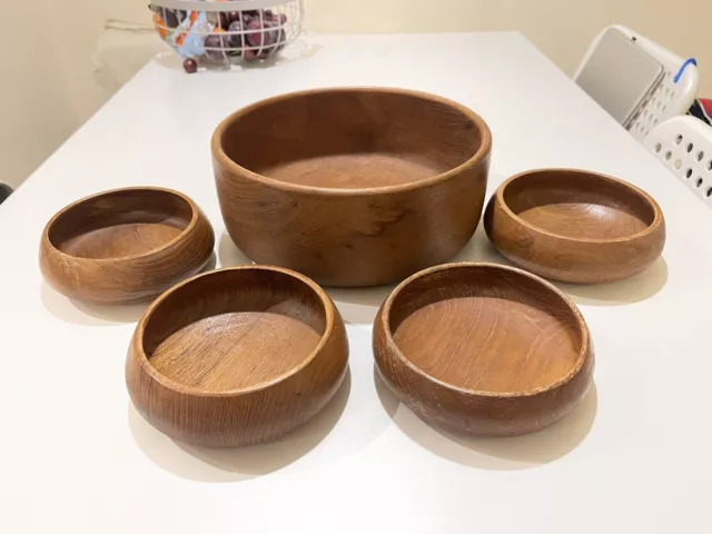 Vintage Danish Teak Bowl Salad Set 1970's Five Piece Set Mid 20th C. Decorative