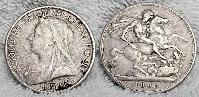1893 Solid Silver Antique Queen Victoria Crown Coin Vintage Old 0.925 Sterling