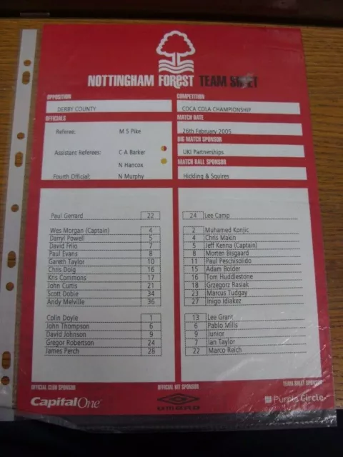 26/02/2005 Colour Teamsheet: Nottingham Forest v Derby County  (folded). FREE PO