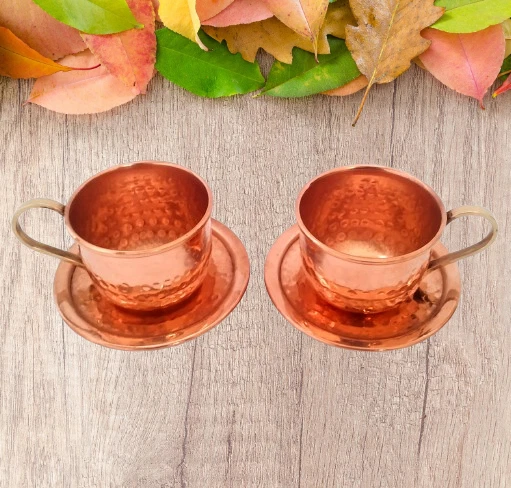 Antique Copper Tea Cups with 2 Saucer, Tea Serving Cups Set, Turkish Coffee Set