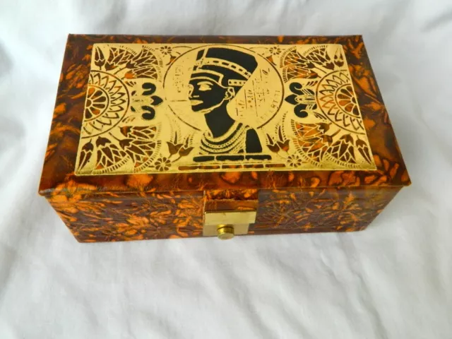 Egyptian Camel Leather Brown Jewelry Box Queen Nefertiti Design 7" X 4.25" #53