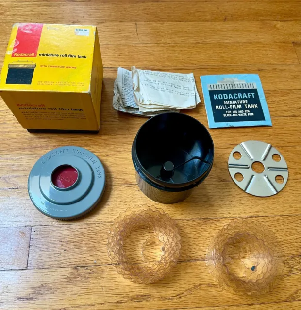 Kodak Kodacraft Miniature Roll Film Tank with 35mm aprons,  Box,  Instructions