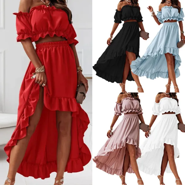 2Pcs Women Ruffle Frill Tops Crop Off Shoulder Maxi Asymmetric Skirt Dress Suit
