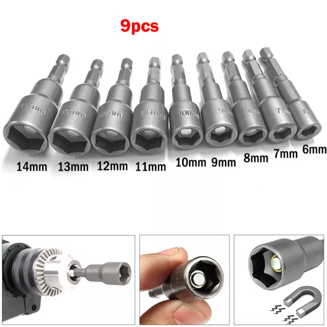 9pcs 6-14mm Socket Magnetic Nut Driver Set Adapter Drill Bit 1/4'' Hex Shank