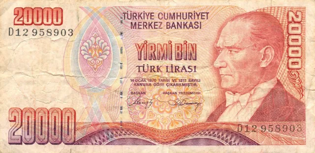 Turkey  20,000  Lira  L. 14.10.1970  Series  D 12  Circulated Banknote LB25