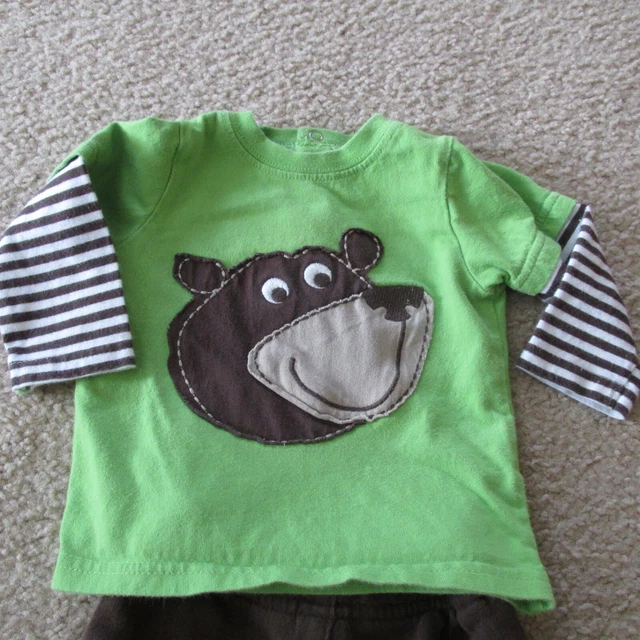Carters Baby Infant Boy Shirt Pants Bear Outfit Sz 6M Green Brown Stripe 2pc Set 2