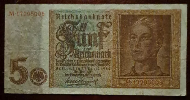 Reichsbanknote zu 5,- Reichsmark 01.08.1942.