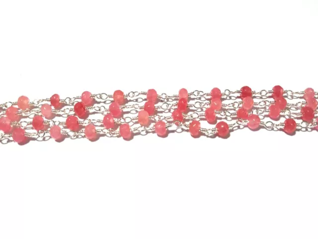 Rose Pink Chalcedony Rondelle 4-4.5mm Beads, 10 Feet Rosary Chain Silver Wire 2