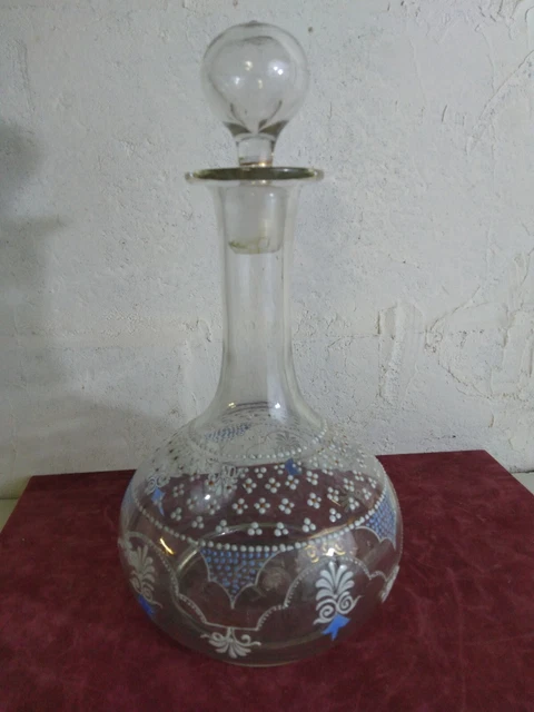 ancienne Carafe en verre soufflé  beau décor émaillé french antique