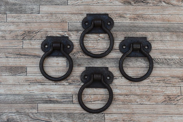 4pcs Vtg Iron Drawer Cabinet Cupboard Ring Pull Drop Back Plate Knobs Handles