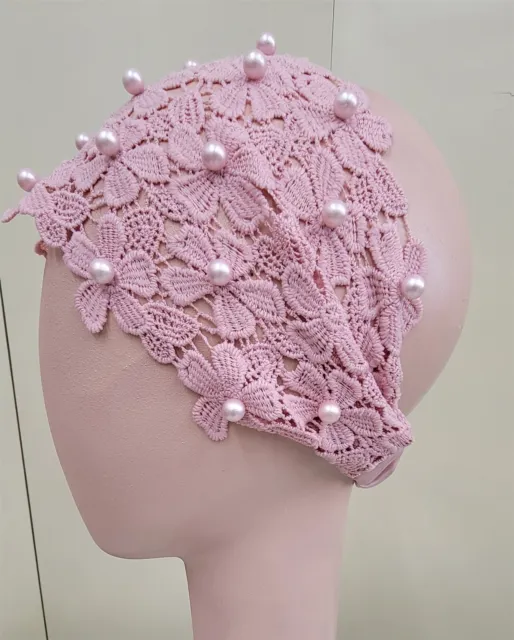 Victorian Trading Rhinestone & Pearl 6" Wide Floral Lace Headband Pink 6C