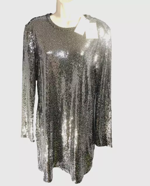 7 For All Mankind Silver Sequin Dress Womens Size XL Long Sleeve Party NWT $278.