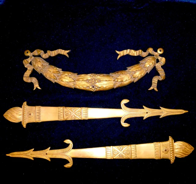 Set Of 3 French Bronze/Brass Decors Torch With Flame Garland Mounts Pediments